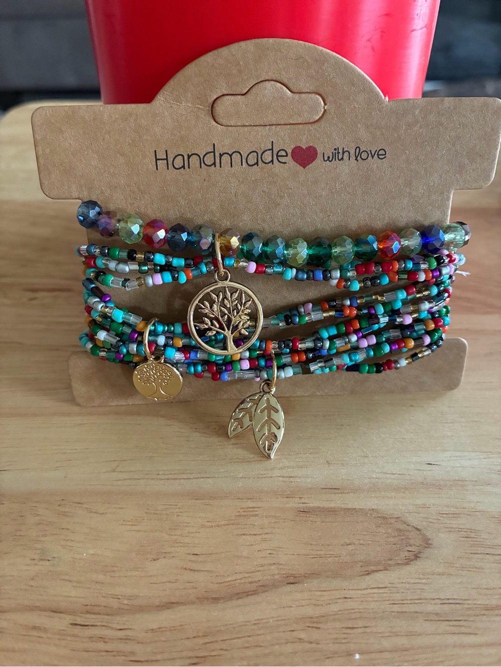 Handmade Multicolor Seed Bead Wrap Bracelet with Gold Tree & Leaf Charms